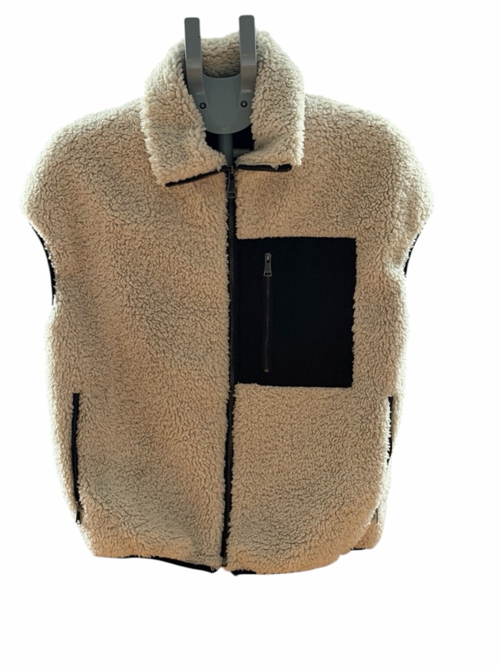 Adrienne Landau Cream Sherpa Vest with Black Chest Pocket